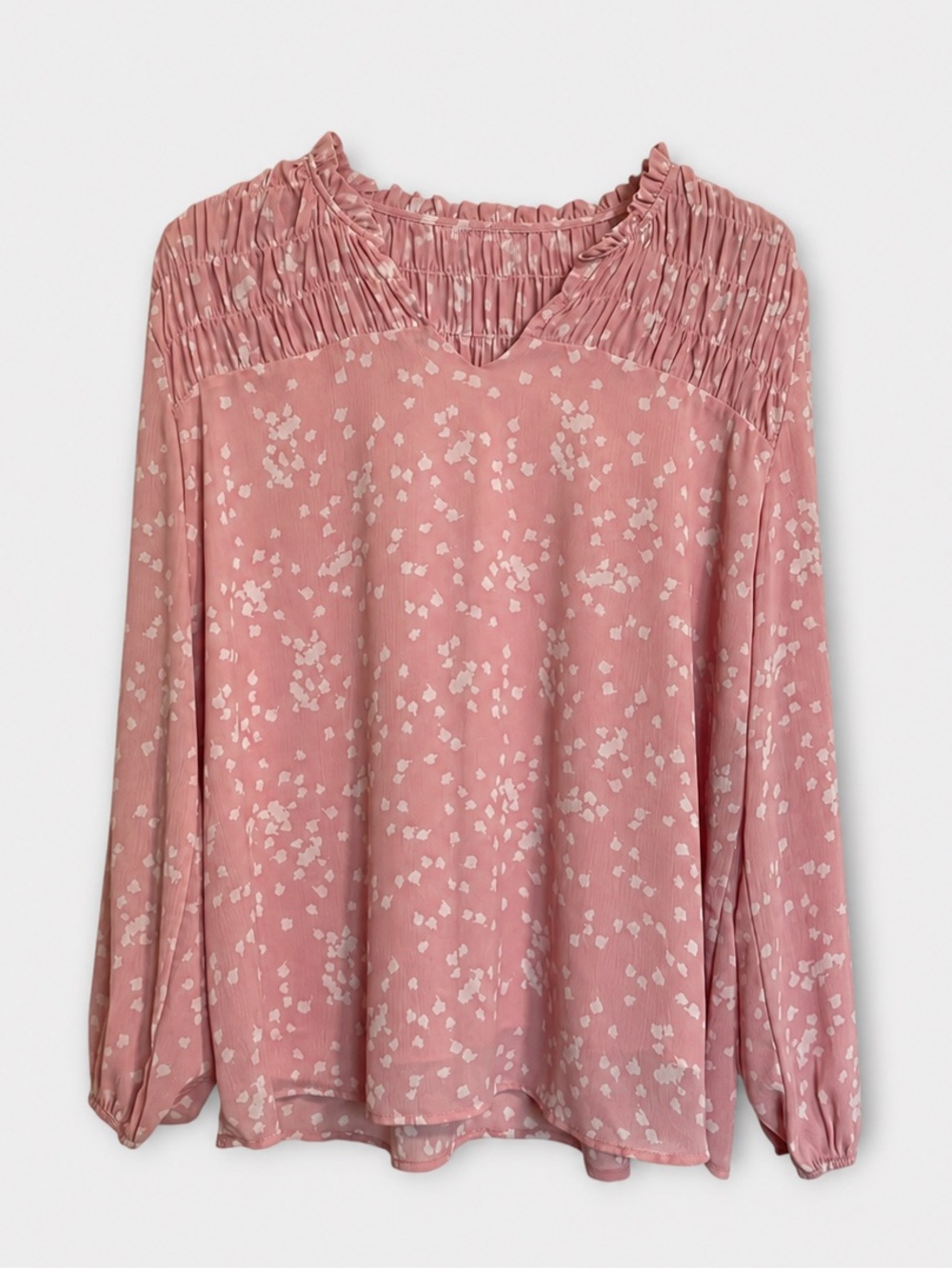 Dokotoo 2XL Pink White Print Smocked Ruffle Long Sleeve Blouse Top